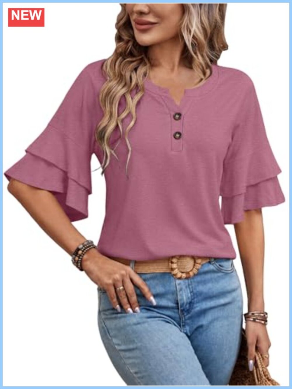 Womens Tunic Top 3/4 Ruffle Sleeve Henley V Neck Button Blouse